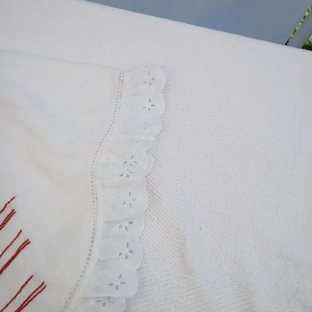 VTG Hand Embroidered Rooster Pillowcase White Eyelet Trim 20x30 Queen Cottage